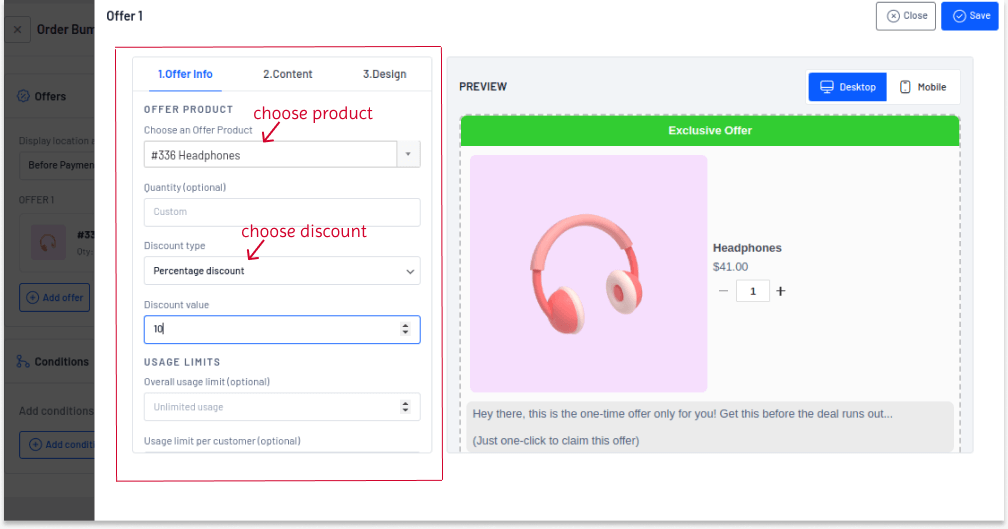 Adding product and discount to the offer