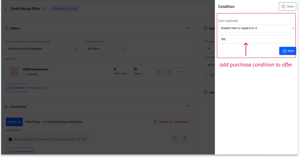 Adding purchase conditions to offer