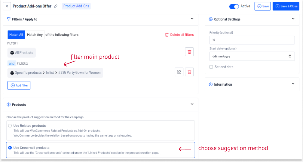 Campaign 2a - Selecting a main product for a product add-on campaign