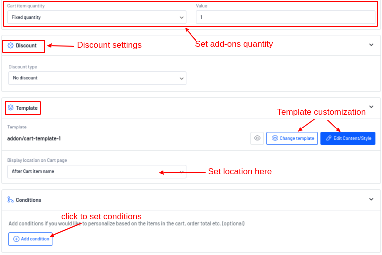 Discounts and template settings in cart add-ons campaign.