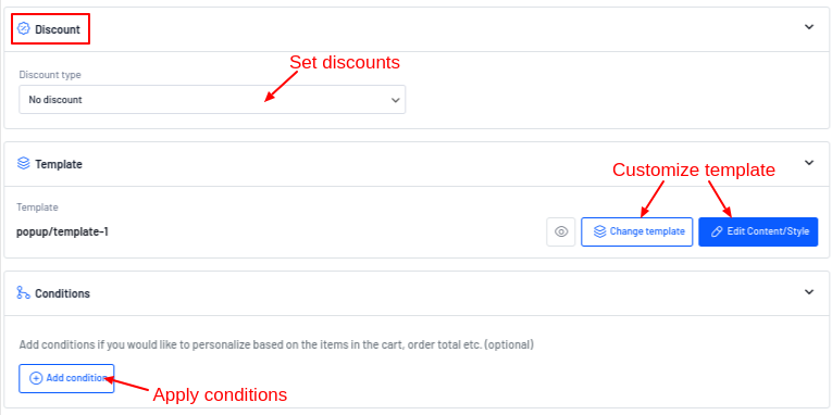 Discounts and template settings in upsell popup campaign