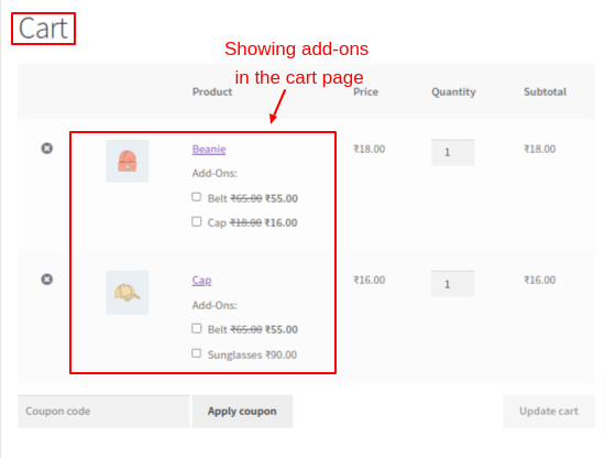 Displaying cart add-ons on the cart page.