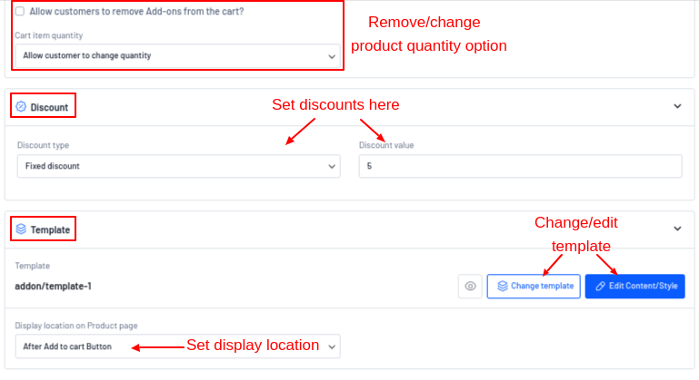 Setting discounts and editing add-ons template