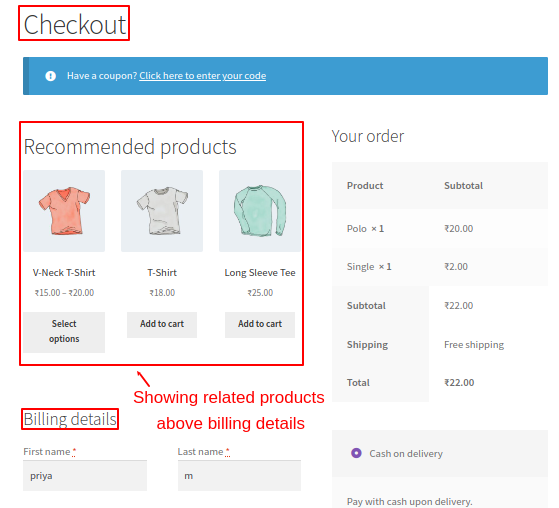 Displaying related products on the checkout page