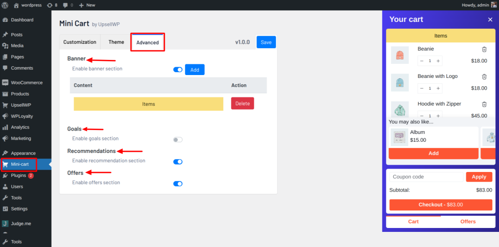 Advanced customisation settings in Mini-cart add-on