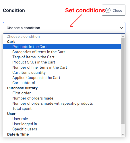 Choosing a condition for Cart add-ons in WooCommerce cross-sells