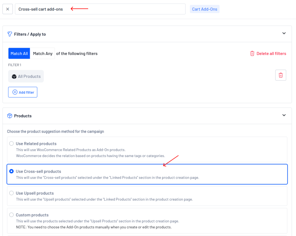 Creating a new Cart add-ons campaign for cross-sell in WooCommerce
