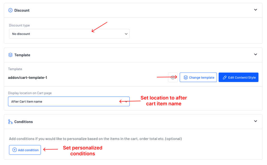 Editing discount, template, and conditions for Cart add-ons