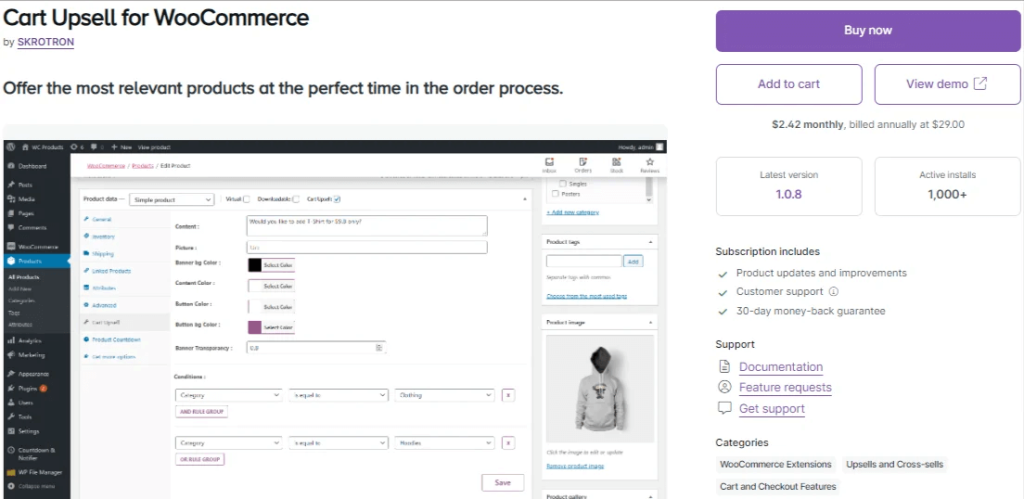 Product page of Cart Upsell for WooCommerce -A Cross-sell plugin for WooCommerce