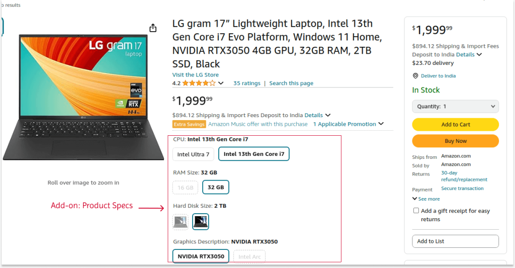 Amazon displays product specs as an add-on