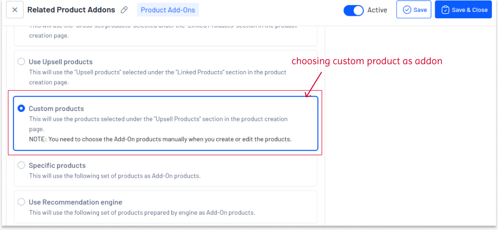 Choosing a custom product as an add-on