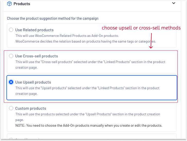 Choosing upsells or cross-sells as product add-ons