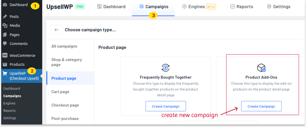 Creating a new WooCommerce product add-on campaign using the UpsellWP plugin