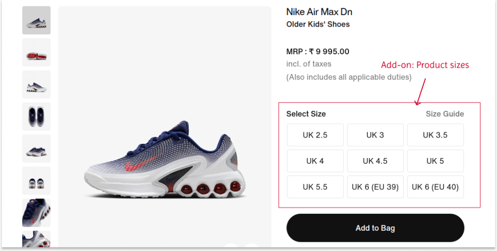 Nike provides different product sizes as an add-on