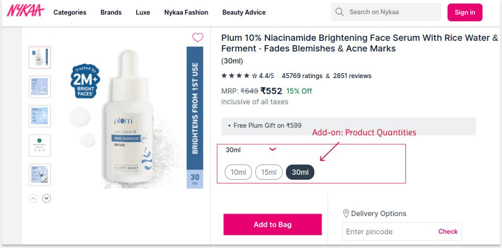 Nykaa has product quantities as an add-on