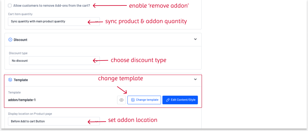 Setting discounts and customizing templates for related product add-ons