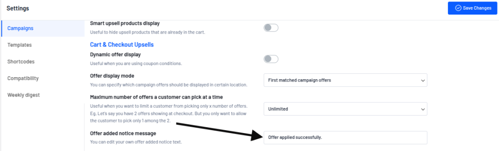 Add customized messages when upsell offers get applied