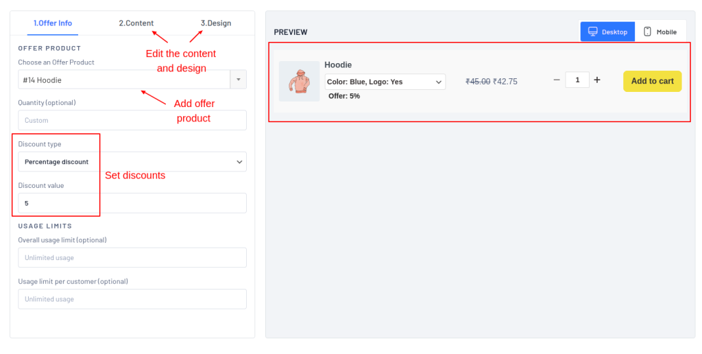 Adding offer product in cart upsells