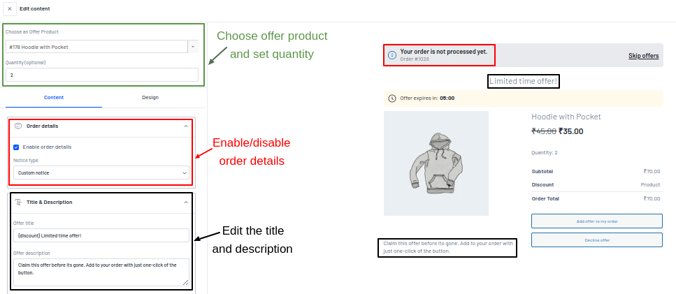 Content customization option in post-purchase upsell campaign