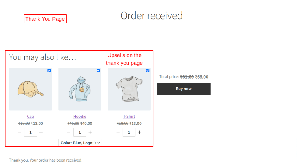 Display of Upselling WooCommerce products on the thank you page.