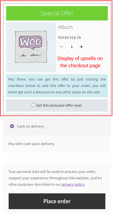 Display of upsell products on the checkout page