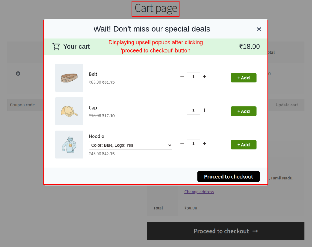 Displaying upsell popups after clicking proceed to checkout button