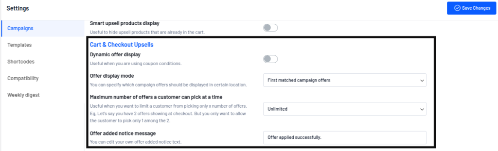 Make the necessary changes in cart and checkout upsells section
