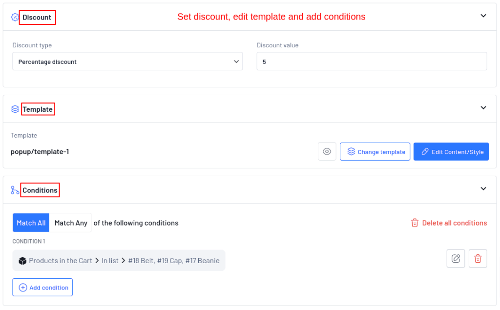 Setting discount, editing template, and adding conditions for upsell popups