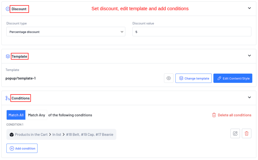 Setting discount, editing template, and adding conditions for upsell popups
