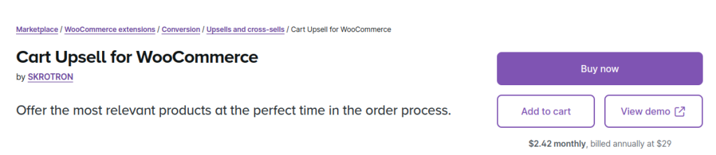 Product page of Cart upsell for WooCommerce