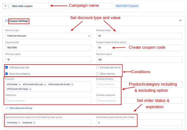 Discounts and conditional settings for next order coupons in WooCommerce