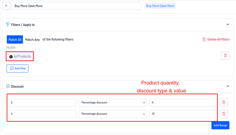 Filters and discounts in Buy More Save More add-on