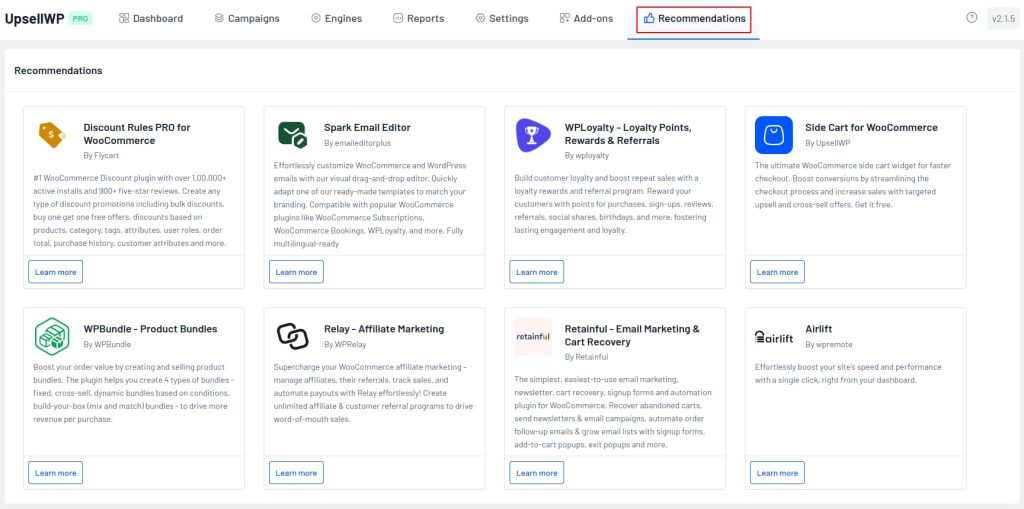 Recommendations tab in UpsellWP