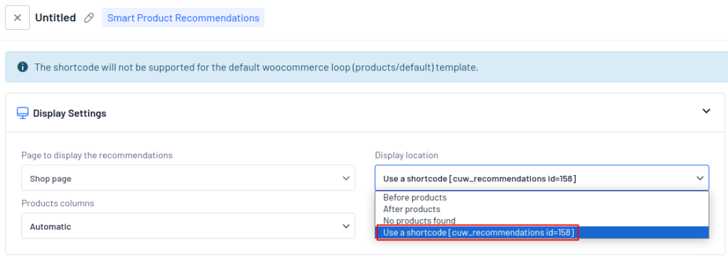 Shortcode option in smart product recommendations campaign