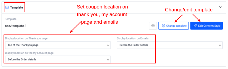 Template customization and display location options for new order coupons