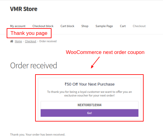 WooCommerce next order coupon on the thank you page