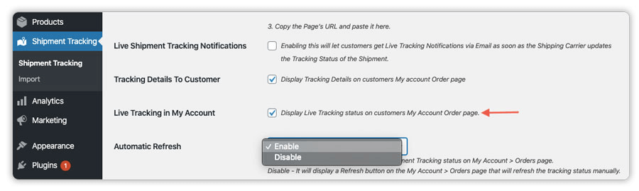 Displaying Live Shipment Tracking in the My Account Page