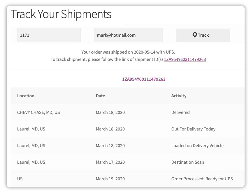Tracking Lookup Page
