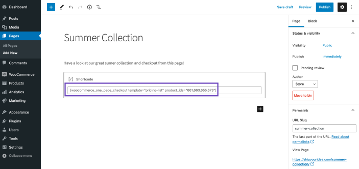 Inserting short code in a new page of WordPress