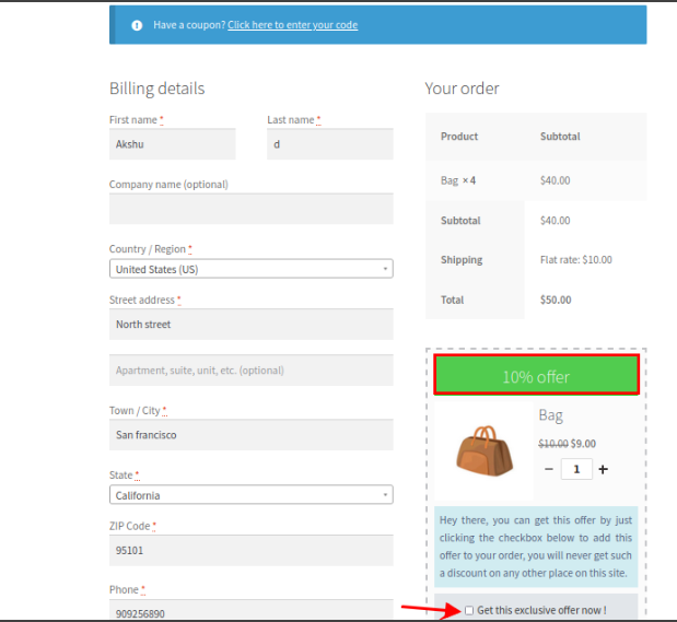 Output of the checkout page with upsell offer in the chosen location.