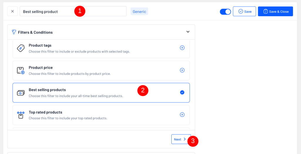 Select the "Best selling products" filter on the engine page